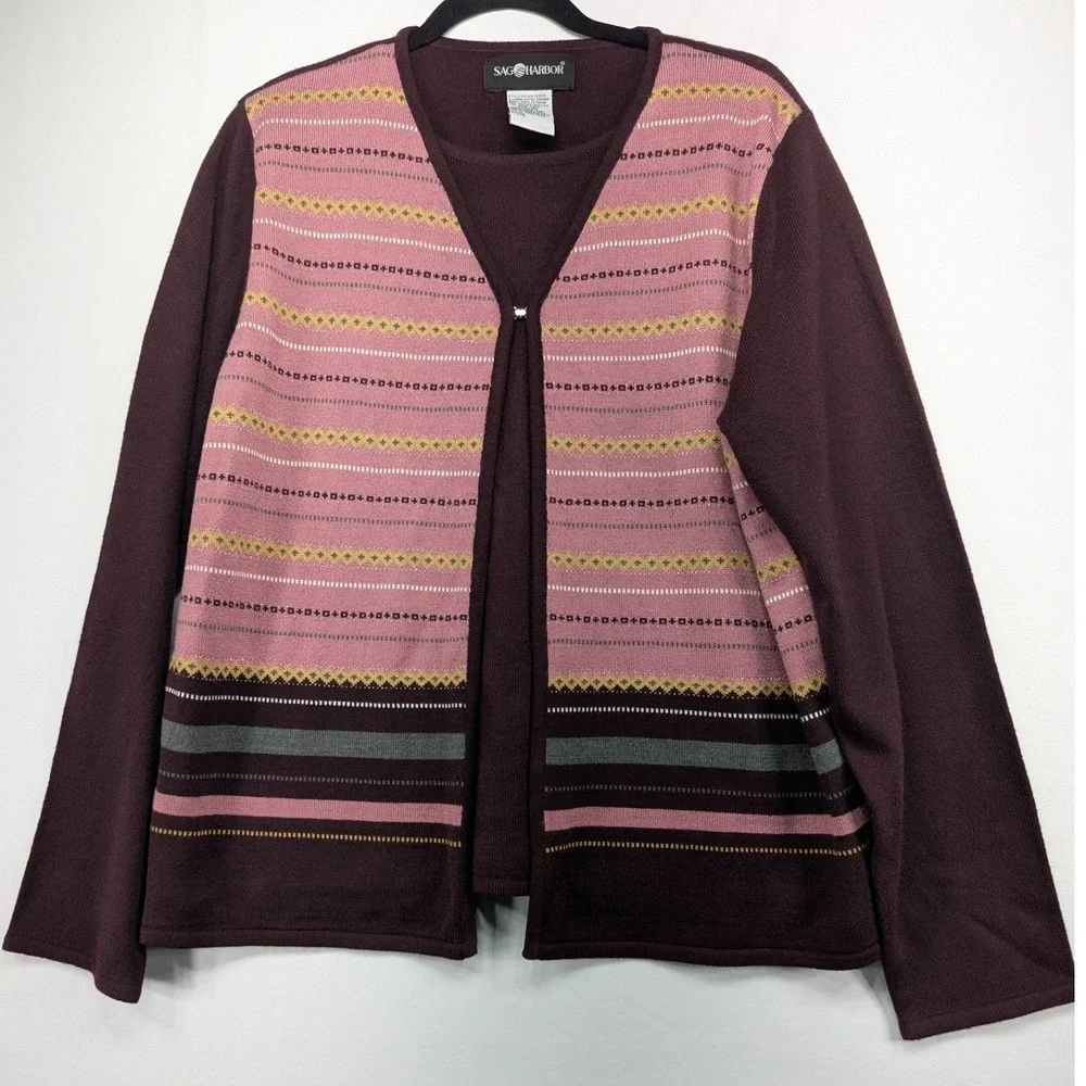 Sag Harbor Womens XL Burgundy Pink Fair‎ Isle 2 Piece Cardigan Shell Sweater Set